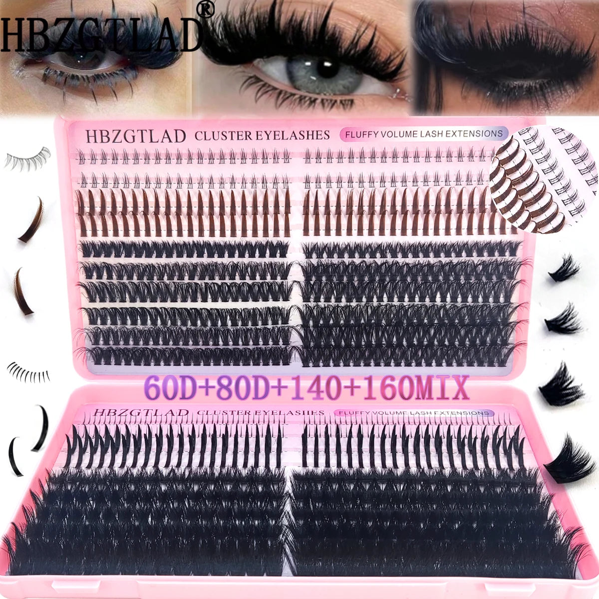HBZGTLAD 60D/80D/100D/140D/160D eyelash clusters with bottom and pointed eyelashes DIY fairy manga pointed thick artificial mink